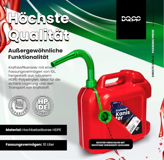 Jerrycan Kunststof rood 10 Liter-L36 x B15 x H34 cm - geschikt voor gevaarlijke vloeistoffen