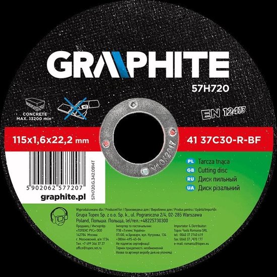 GRAPHITE doorslijpschijf 115x22x1,6mm steen 41 37c30-r-bf
