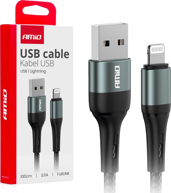 AMiO USB-A naar Lightning Kabel 3A 100cm FullLINK - Hoogwaardige Snellader Oplaadkabel Snoer
