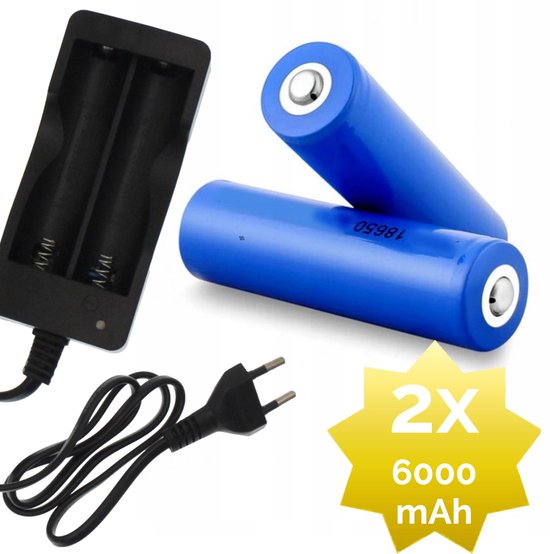 2x 6000mAh 18650 3,7V Li-Ion - 18 x 65 mm Cilindrisch - Oplaadbare CR18650 Batterijen met Netstroom Oplader - Universele Lithium-Ion Batterijen met 230V Lader