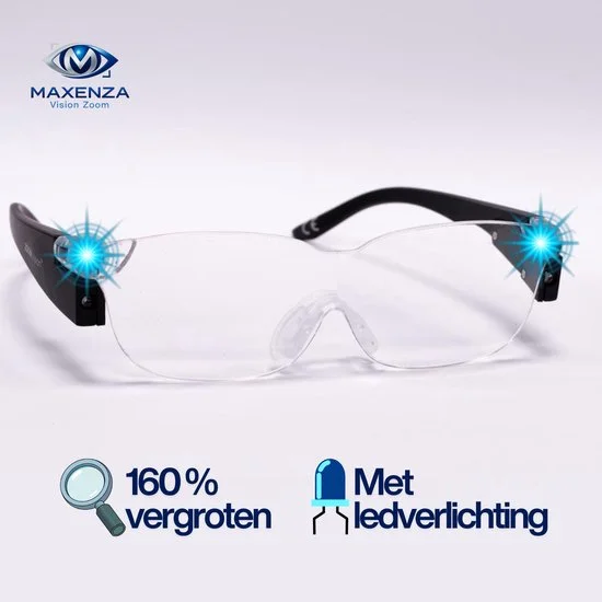 Maxenza Vision Zoom™ Vergrootbril met LED Verlichting - 160% Vergroting - Handsfree Loepbril & Overzetbril - Krasbestendig - Ideaal voor Lezen, Modelbouw & Precisiewerk - Inclusief Batterijen & Bewaarhoes