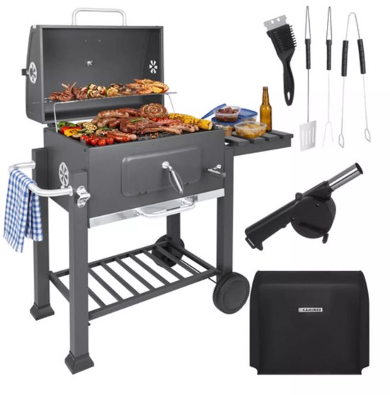 Kaminer Zwarte houtskool barbecue 116 x 70 x 110 cm met thermometer en zijtafel