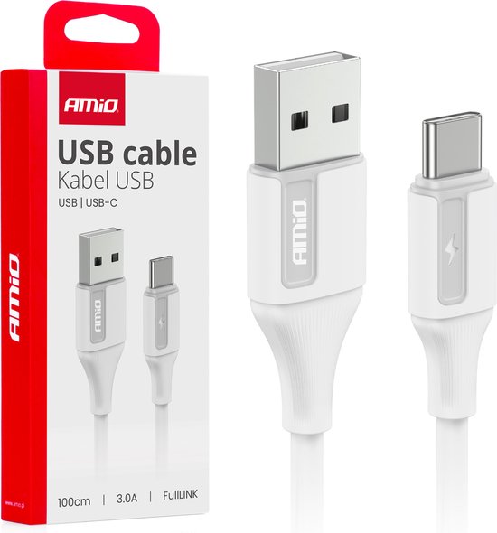AMiO USB-A naar USB-C Kabel 3A 100cm FullLINK Wit - Hoogwaardige Snellader Oplaadkabel Snoer