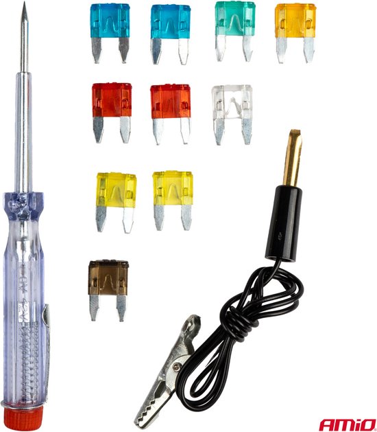 AMiO Testpen Spanningszoeker Set met Mini Autozekeringen 5A t/m 30A