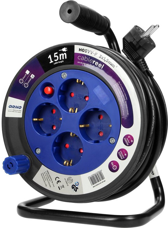 Kabelhaspel Orno H05 IP20 3x1,5qmm - 15m - 4 stopcontacten - Compact