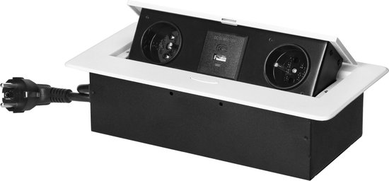 Bureau stekkerdoos - Pop up stekkerblok met 2 stopcontacten, USB A & C - Inbouw Verdeelstekker met RVS afwerking - Verdeeldoos met 1.5 meter kabel - voor max. 3680 Watt - Penaarde - Wit