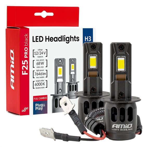 AMiO F25 PRO BLACK FULL CANBUS H3 – 68W 6000K Wit 12V/24V - Hoge Helderheid