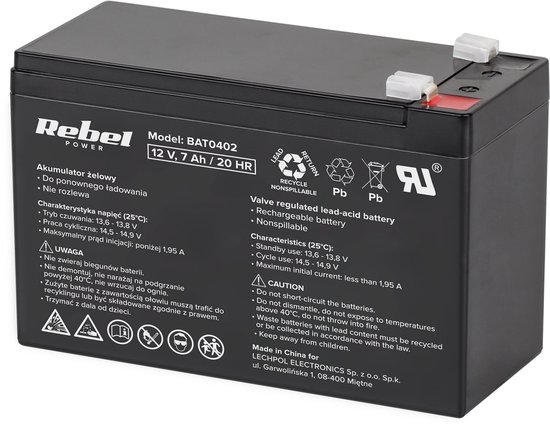 Rebel Gelbatterij - 12V 7Ah - Onderhoudsvrij - Duurzaam - Schokbestendig