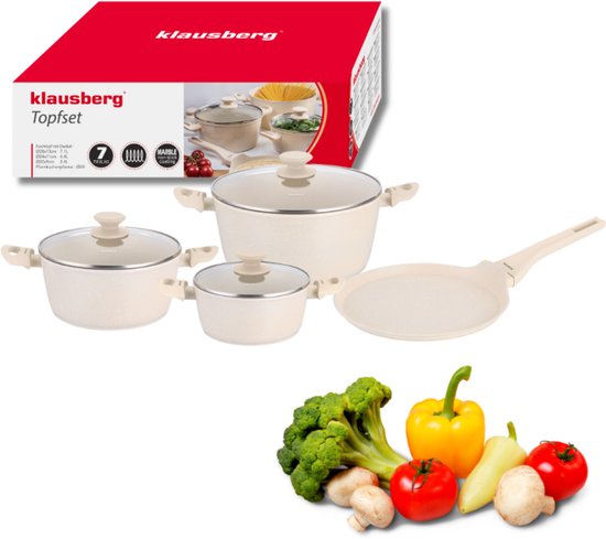 Klausberg KB-7963 Pannenset 7 Delig Beige | Marmer Anti-aanbaklaag | Inclusief Koekenpan 24 cm | Geschikt voor Inductie