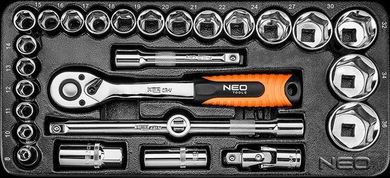 "Neo Tools Doppenset 1/2"" 8 T/m 36mm 27 Delig Inleglade"