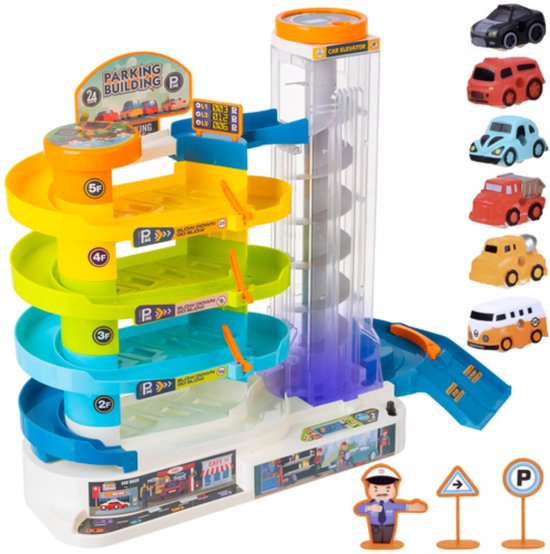 Ruhhy Interactieve speelgoedgarage met spiraallift, 5 niveaus en 6 auto’s – handmatig of elektrisch bedienbaar