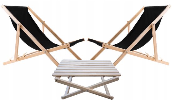 Set van 2 strandstoelen met houten tafel - Zwart