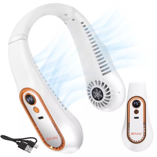 Ruhhy Draagbare nekventilator wit met goudkleurige accenten 5 standen USB C oplaadbaar