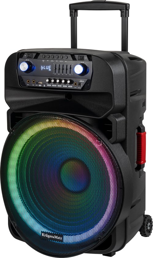 Krüger & Matz KM1718 Mobiele Actieve Luidspreker Party Speaker Box LED ring (met 2 UHF draadloze microfoons, SD, Bluetooth 5.0 , FM, USB) 60 Watt zwart