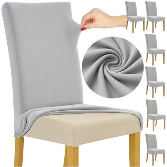 Ruhhy Stoelhoezen – Lichtgrijs – Velours Stretch – Wasbaar – 6 stuks