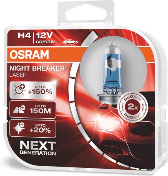 Halogeenlamp Osram H4 12V 60/55W P43t NIGHT BREAKER LASER +150%/2 stuks
