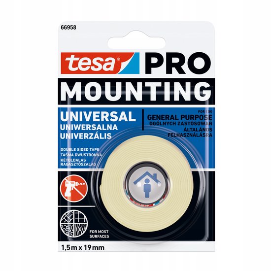 tesa® PRO Mounting Universal - Dubbelzijdige Montagetape - 1,5 m x 19 mm - Universele Bevestigingstape - Voor Binnengebruik - Wit