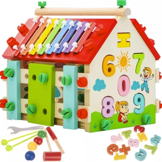 Activity-Center Houten Huis - Montessori Speelgoed - Muziek Maken - Getallen Leren - Tellen