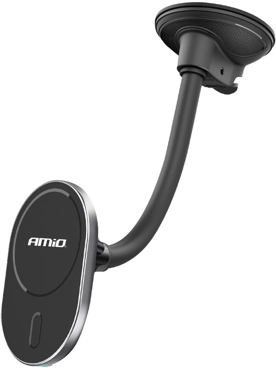 AMiO Magnetische Autohouder met 15W Draadloze Oplader en MagSafe - Verstelbare Arm en Zuignap Zwart