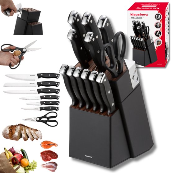 Klausberg KB-7985 13 Delig Messenset - Zwart Messenblok met Slijpstaaf - 6 Stekmessen Inclusief - Messenset met Blok - O.a. Broodmes, Koksmes, Vleesmessen en Schaar