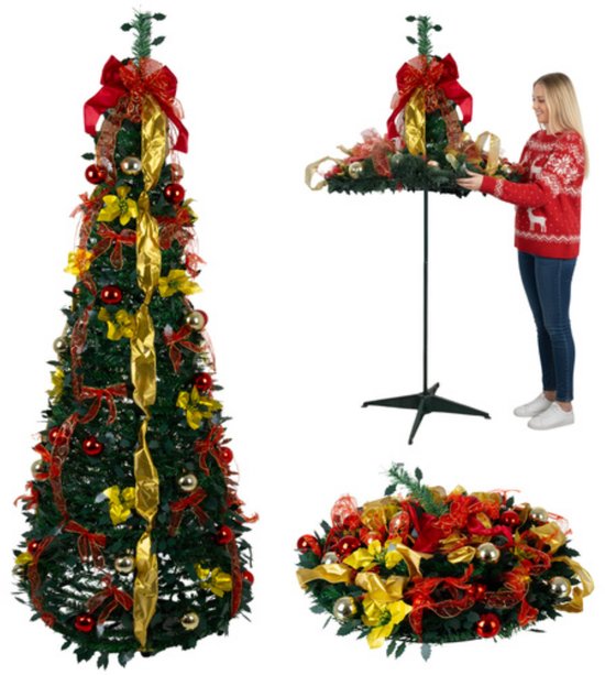 Ruhhy Kant en klare opvouwbare kerstboom 180 cm – met gouden linten en rode kerstballen