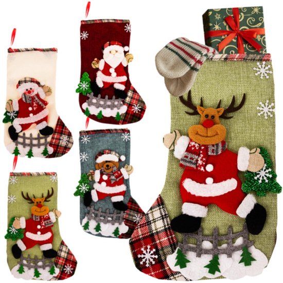 Ruhhy kerstsokken set 4 stuks – decoratieve sokken met kerstman, rendier en sneeuwpop