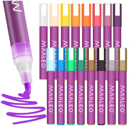 Maaleo Acrylmarkers Set 16 Kleuren – 8 ml, Sterke Dekking, Waterbestendig na Droging
