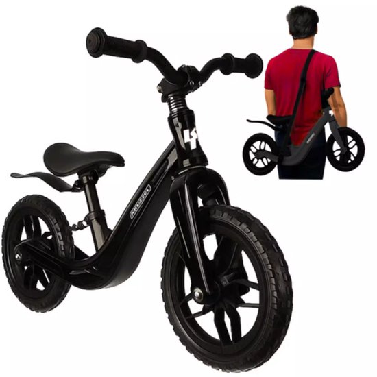 Kruzzel Loopfiets 12 inch Zwart – Verstelbaar Zadel + Draagriem