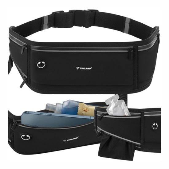 Trizand Zwarte hardloop heuptas 51 x 21 x 11 cm met verstelbare band, 3 ritsvakken en reflecterende details