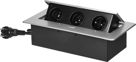 Stekkerdoos met 3 stopcontacten - Pop up stekkerblok met 1.5 meter kabel - Inbouw Verdeelstekker met RVS afwerking - Verdeeldoos 230 Volt - voor max. 3680 Watt - Penaarde - Zilver