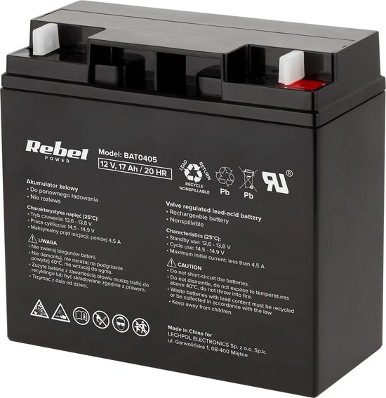Rebel - Gel Accu - 12V 17Ah - Onderhoudsvrij - Langdurige Opslag