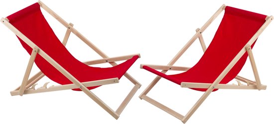 ligstoelen / strandstoel - 2 comfortabele houten ligstoelen - ideaal voor het strand, balkon en terras - rood