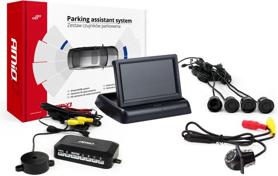 AMiO Parkeerhulpsysteem TFT02 4,3 inch LCD Beeldscherm - HD305LED Camera en 4 Zwarte Sensoren voor Auto