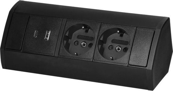 Orno Hoekstekkerdoos - Stekkerblok met 2 Stopcontacten - Verdeelstekker met USB A & C - Opbouw Stekkerdoos met 60 cm kabel - Zwart