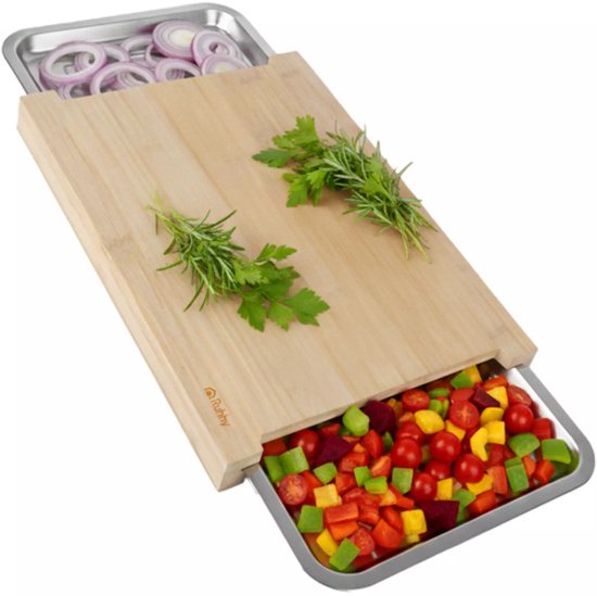 Trizand Ruhhy Bamboe snijplank met 2 uittrekbare RVS bakjes 40 x 28,5 cm voor overzichtelijk koken