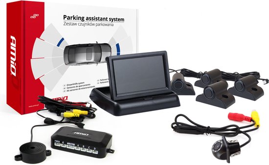 AMiO Parkeerhulpsysteem TFT02 4,3 inch LCD Beeldscherm - HD305LED Camera en 4 Zwarte Sensoren voor Truck en Grote Voertuigen