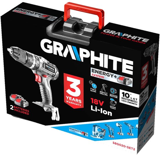 graphite accuboormachine 18v li-ion energy + met klopstand met 2x 2 amp accu en