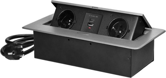Bureau stekkerdoos met USB A & C - Pop up stekkerblok met 2 stopcontacten- Inbouw Verdeelstekker met RVS afwerking - Verdeeldoos met 1.5 meter kabel - voor max. 3680 Watt - Penaarde - Zilver