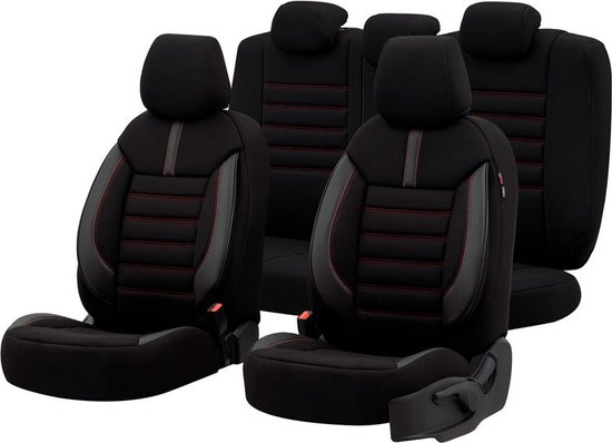 Universele Stoffen/Leder Stoelhoezenset 'Limited' Zwart + Rode stiksels - 11-delig - geschikt voor Side-Airbags
