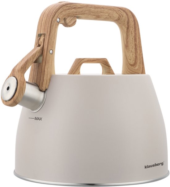 Klausberg 7917 - Fluitketel met fluit - 2.5 liter - RVS - beige - houten handvat