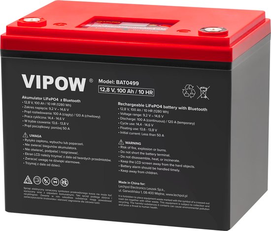 Vipow - LiFePO4 Accu - 100Ah - Bluetooth - LCD