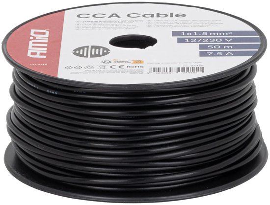 CCA-kabel zwart 1×1,5mm2 50m 7,5A 12/230V