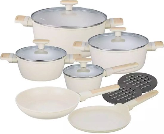 Klausberg 7833 - 12-delige Marmeren Pannenset in Beige - Compleet en Functioneel Kookgerei met Glazen Deksels