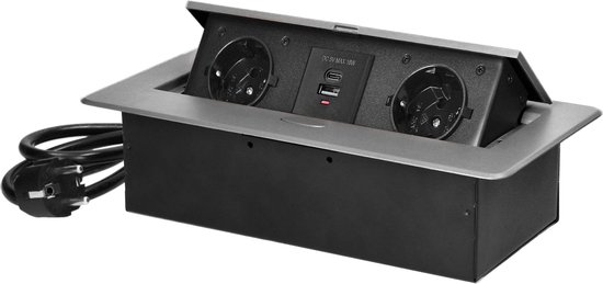 Pop up Stekkerdoos met 2 stopcontacten en USB-A & C - Inbouw Verdeelstekker met RVS afwerking - Stekkerblok met 1.5 meter kabel - Verdeeldoos voor max. 3680 Watt - Zilver