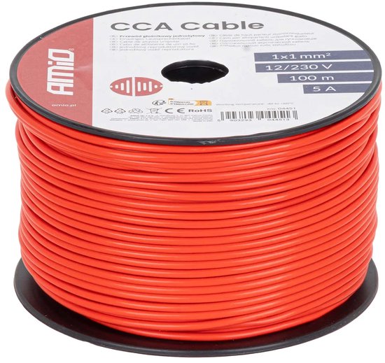 CCA-kabel rood 1x1mm2 100m 5A 12/230V