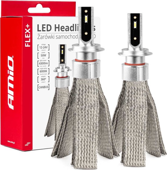 AMiO LED Koplampen FLEX+ Serie H7/H18 canbus 6000K 12-24V Dimlichten Wit