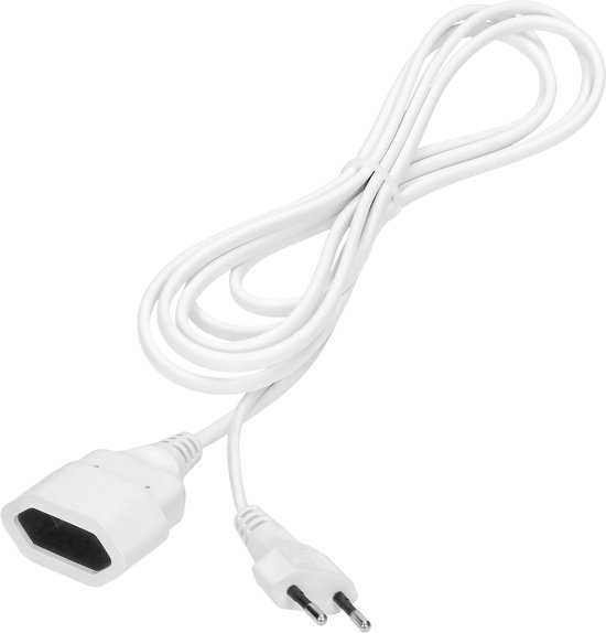Extension cord, 3m long 1 flat socket 1x2P and a flat plug. PVC cable H03VV-F 2x0,75mm2, 230VAC,