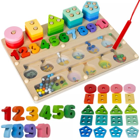 Kruzzel Houten Montessori sorter 3-in-1 – magnetisch doolhof, vormen en cijfers voor kinderen vanaf 3 jaar