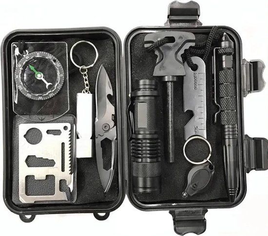 Survival Kit - Bushcraft Kit - Outdoor Noodpakket - Camping Set - Overleving Kit - Inclusief Opbergcase - Zaklamp - Kompas - Mes - Noodpakket - Outdoor - Vuurstarter - Draadzaag - Nood Fluitje