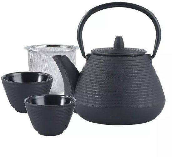 Kinghoff Gietijzeren Theepot 1.0L – Geëmailleerde Binnenkant - Theepot met Roestvrijstalen Filter - Inclusief 2 Kopjes van 115 ml (KH1846) - Capaciteit: 1,0 Liter - Traditioneel Design met Comfortabel Handvat